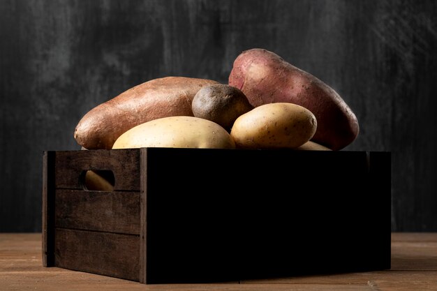 Front view of crate with potatoes