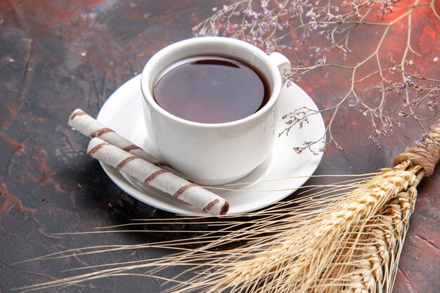 Front view cup of tea on dark table tea dark 