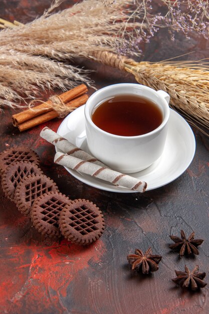 Front view cup of tea with choco cookies on dark table cookie biscuit tea