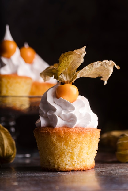 Front view of cupcake with icing and fruit