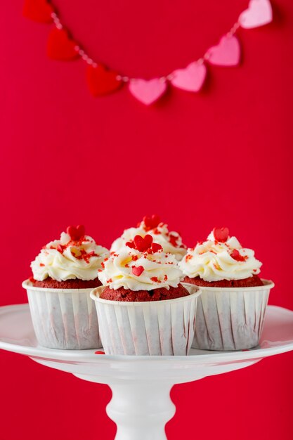 Front view of cupcakes with heart-shaped sprinkles