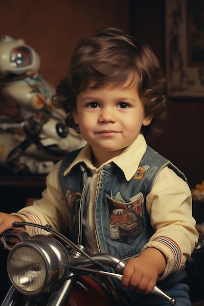 Front view cute kid  posing vintage portrait