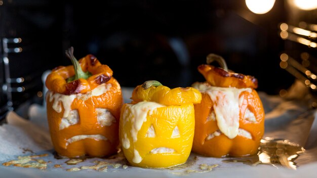 Front view of delicious baked pumpkins concept