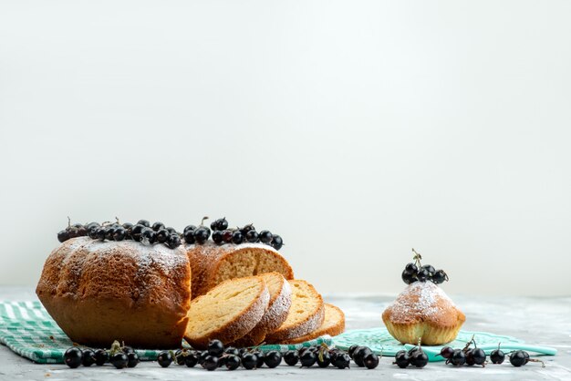 A front view delicious cake with fresh blueberries on the white desk cake biscuit tea berry