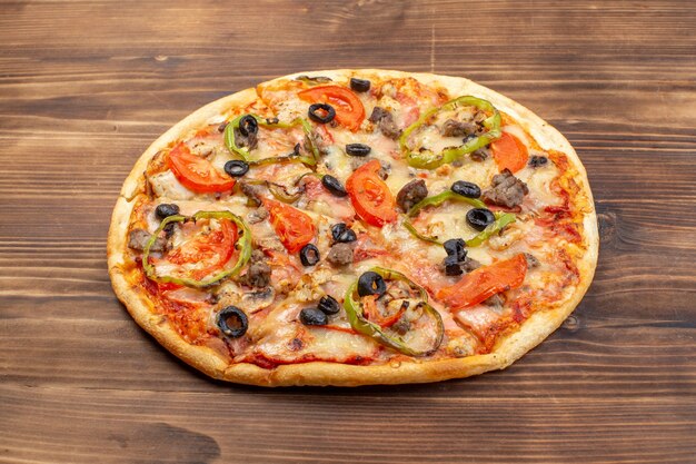 Front view delicious cheese pizza on brown wooden surface