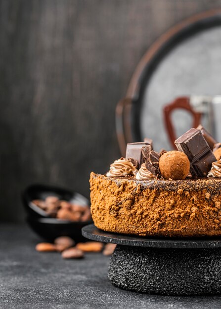 Front view of delicious chocolate cake on stand