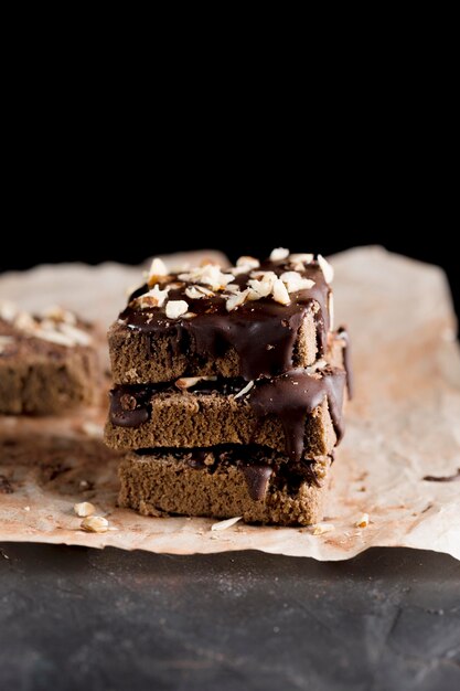 Front view of delicious chocolate cake with almonds