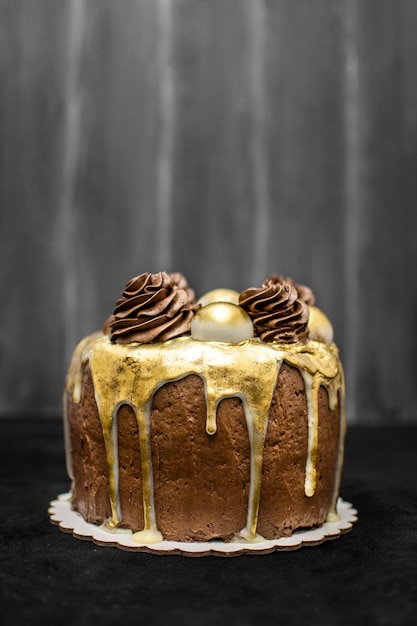 Front view of delicious chocolate cake with copy space