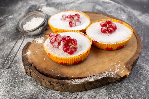 Front view of delicious cranberry cakes with red cranberries on top sugar pieces and powder