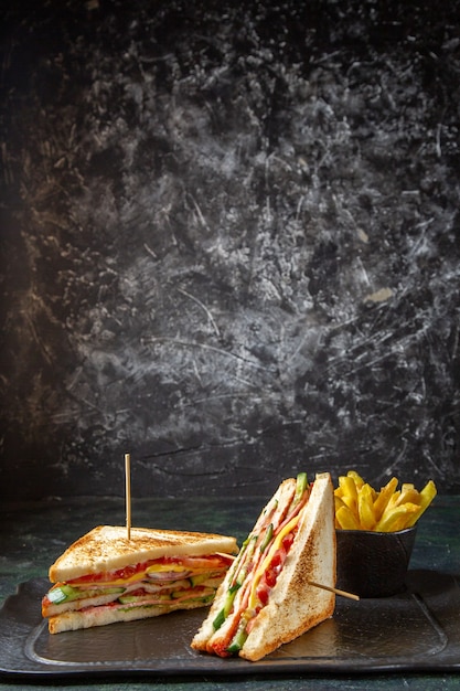 フライドポテトの暗い表面と正面図おいしいハムサンドイッチ