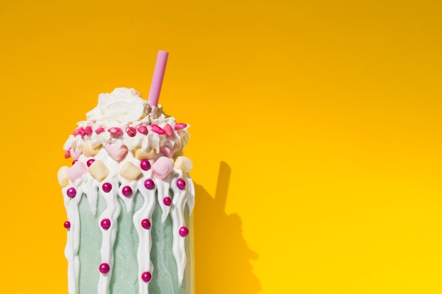 Front view of delicious milkshake with yellow background