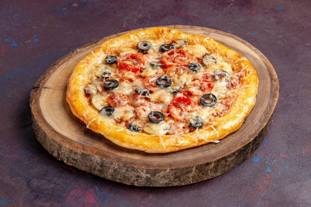 Front view delicious mushroom pizza cooked dough with cheese and olives on dark surface meal pizza italian food dough