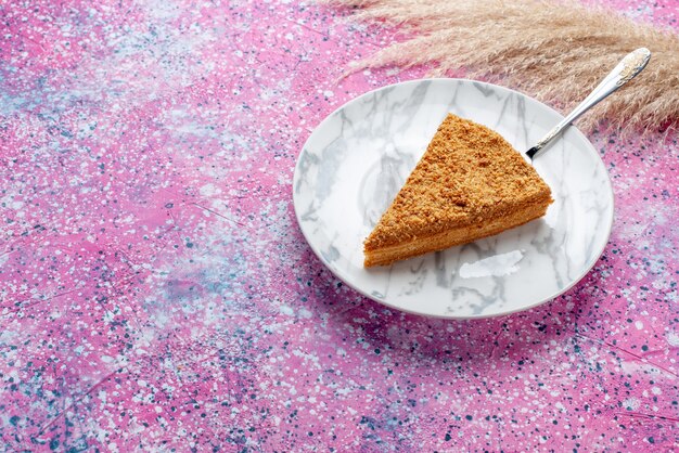 Вид спереди вкусный круглый кусочек торта внутри тарелки на ярко-розовом столе, пирог, бисквит, сладкая выпечка