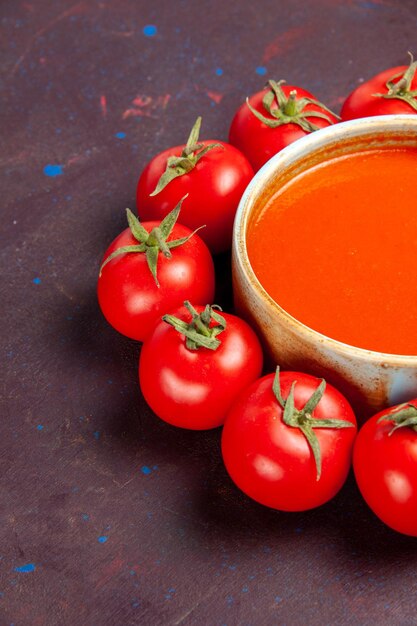 어두운 공간에 신선한 빨간 토마토와 전면보기 맛있는 토마토 수프