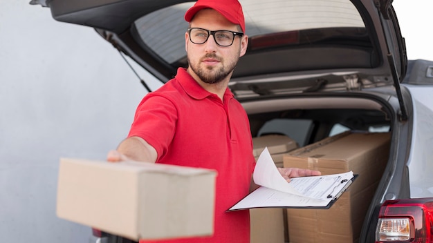 Free photo front view of delivery man concept