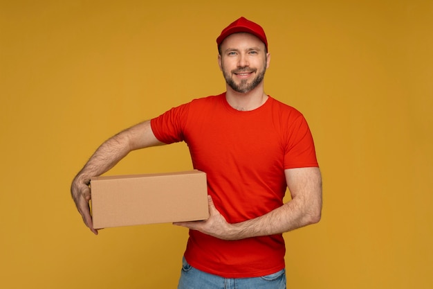 Free photo front view delivery man holding box