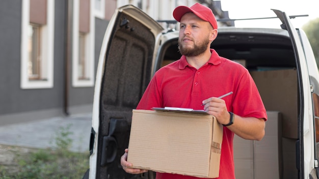 Front view of delivery man with a package