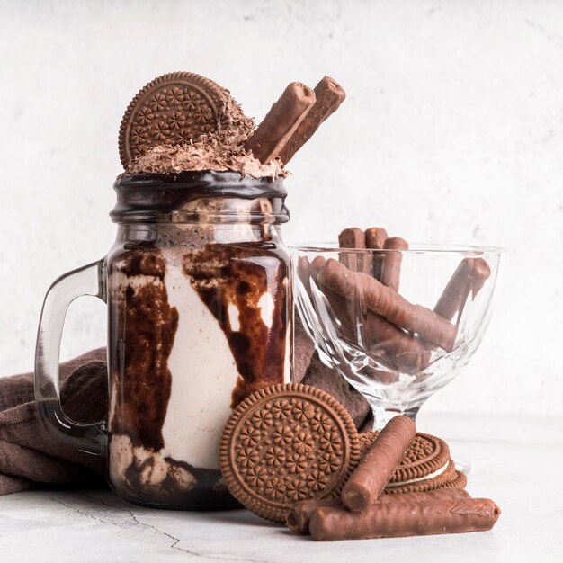 Front view of dessert in jar with chocolate biscuits