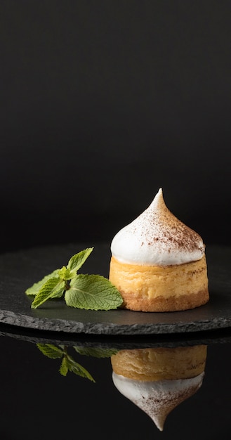 Free photo front view of dessert on slate with mint and cocoa powder