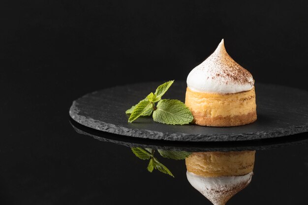 Front view of dessert with powdered cocoa and mint on slate