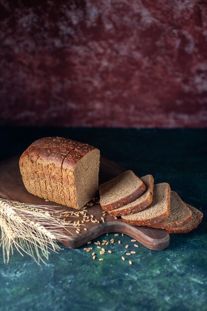 Front view of dietary black bread spikes on blue maroon colors background