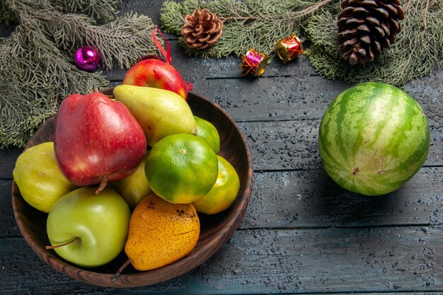 Front view different fresh fruits inside plate on dark-blue desk fruit color composition fresh ripe