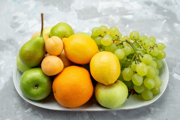 正面図レモン梨りんごぶどうオレンジプレート果物色ビタミン夏