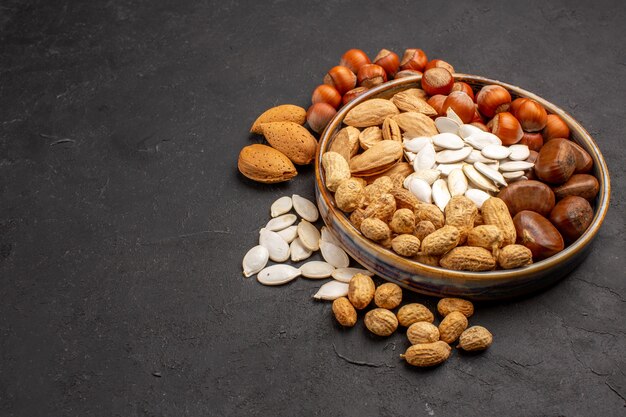 Front view of different nuts fresh nuts inside tray on dark surface