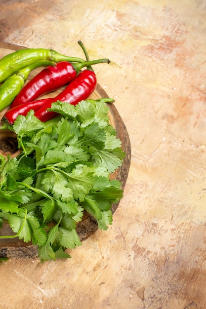 Free photo front view different vegetables coriander hot peppers on round tree wood board on amber background