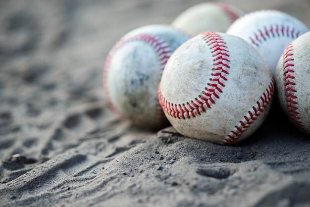 Front view of dirty baseballs