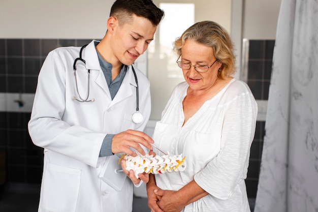 Front view doctor showing a model of spine