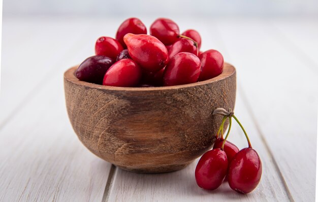 Front view dogwood in a wooden bowl on a white background