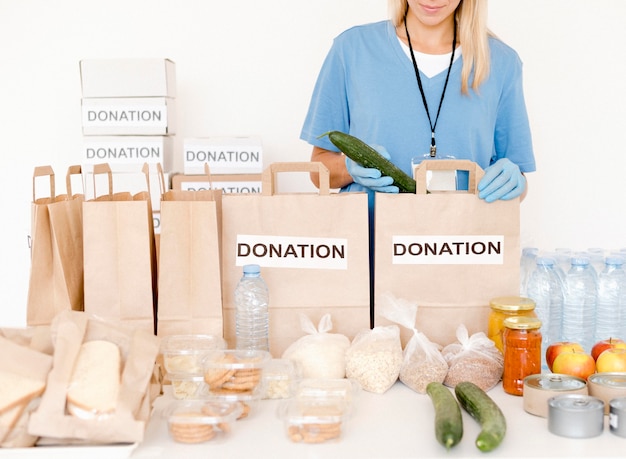 Front view of donation bags with food and provisions