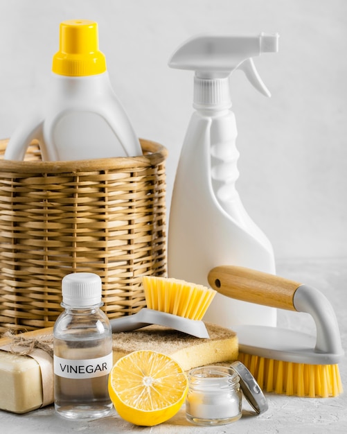 Front view of eco-friendly cleaning brushes in basket with lemon and vinegar