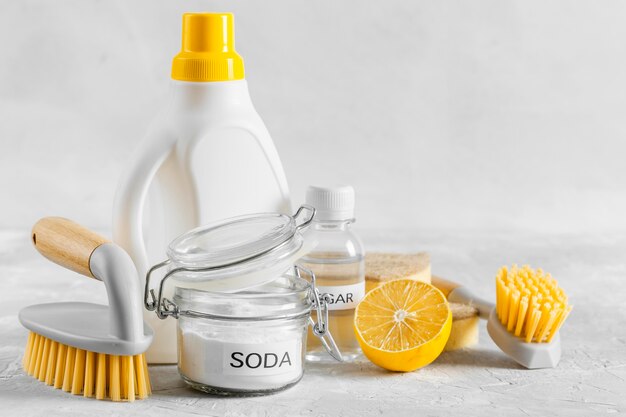 Front view of eco-friendly cleaning brushes with lemon and baking soda