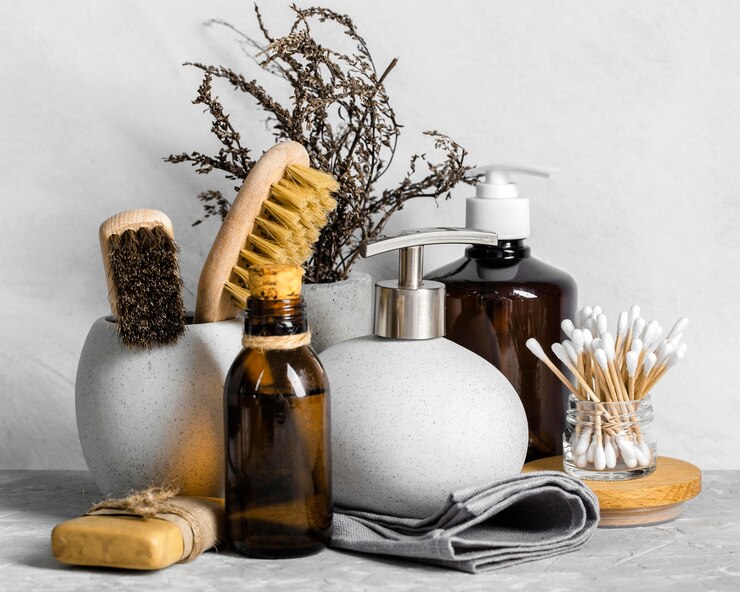 Free Photo front view of eco-friendly cleaning products set with cotton swabs and soap