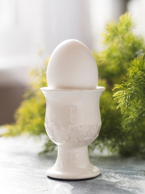 Front view of egg in holder with greenery