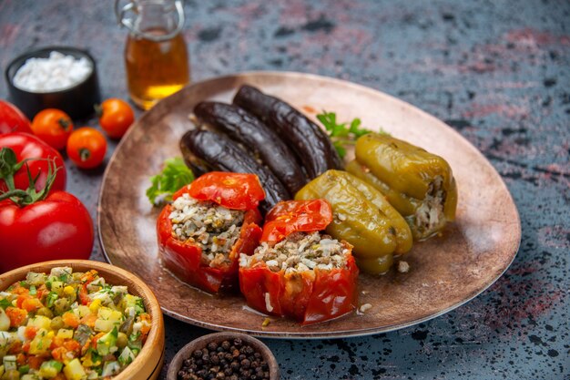 front view eggplant dolma with cooked tomatoes and bell-peppers filled with ground meat inside plate on blue background