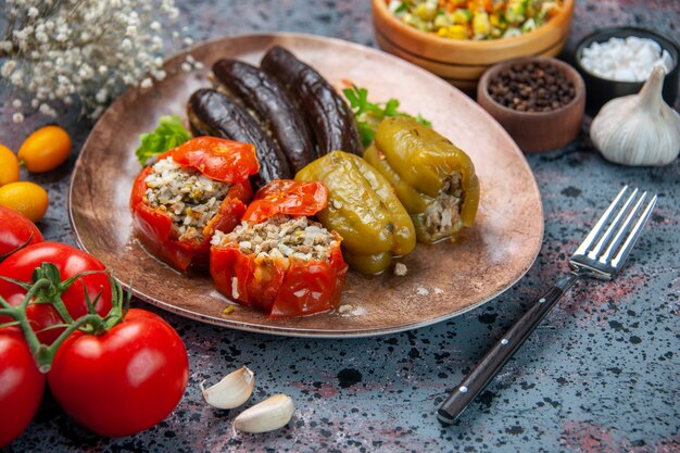 front view eggplant dolma with cooked tomatoes and bell-peppers filled with ground meat inside plate on blue background
