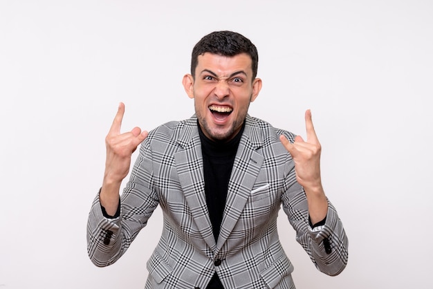 Front view elated handsome male in suit standing on white background