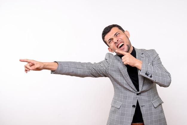 Front view elated handsome male in suit standing on white background