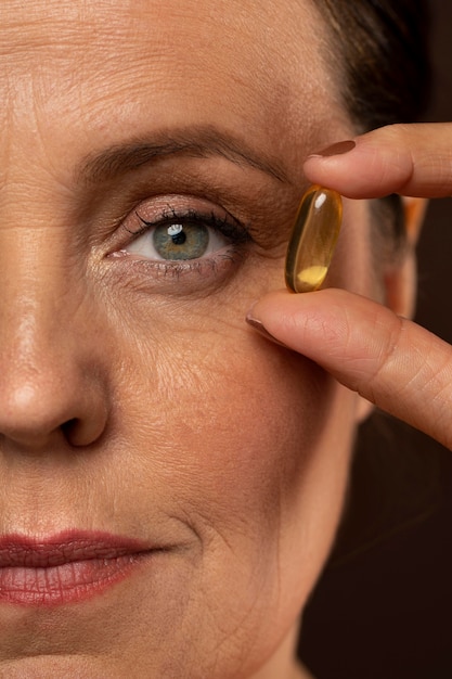 Front view of elder woman holding oil pill