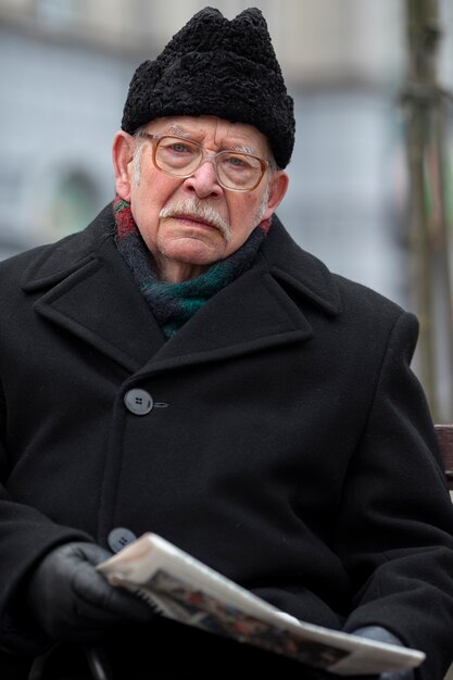 Front view elderly man reading newspaper