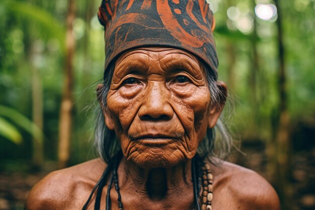 Front view elderly woman with strong ethnic features