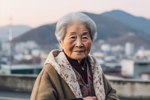 Впереди видно пожилую женщину с сильными этническими чертами.