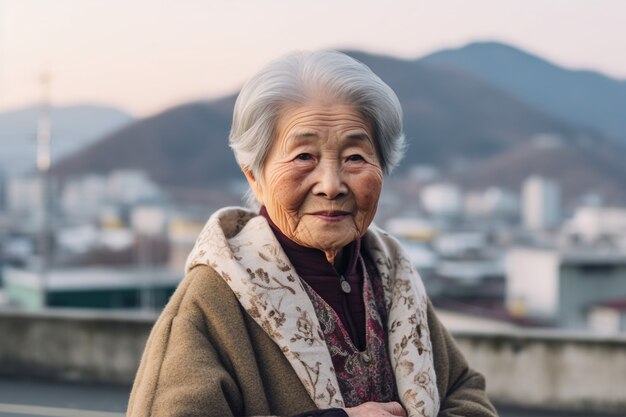 앞면으로 보이는 한 민족적 특징을 가진 노인 여성