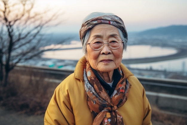 Front view elderly woman with strong ethnic features