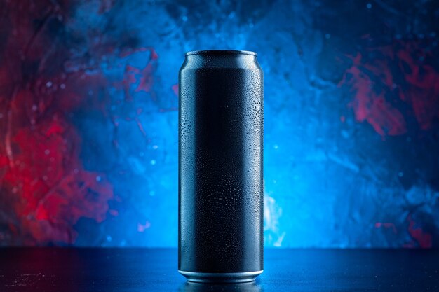 Front view energy drink in can on blue drink alcohol darkness