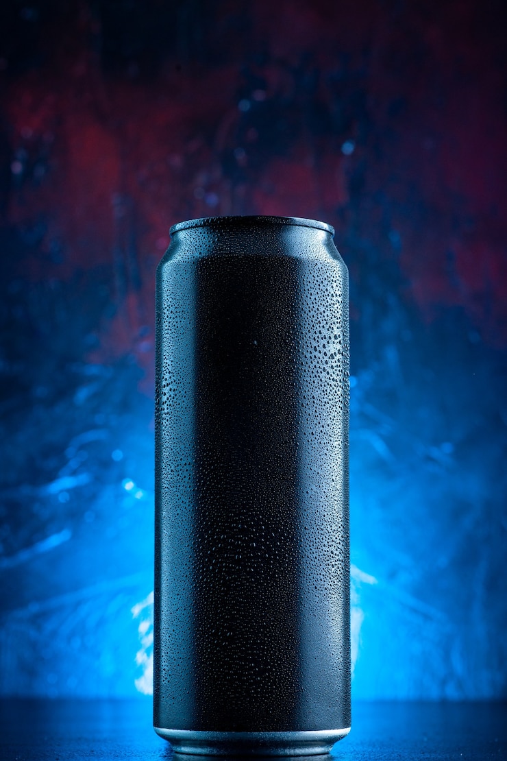 無料Photo 青い飲み物のアルコールの写真の闇に缶に入った正面図のエネルギードリンク