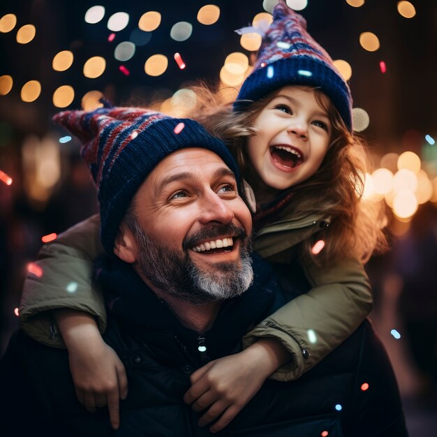 Фронтовый вид отец и ребенок празднуют Новый год